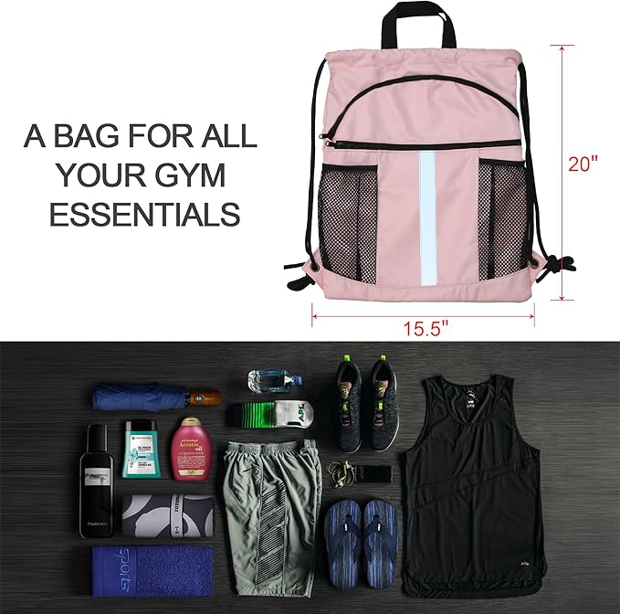 BeeGreen Drawstring Backpack Bag with Shoe Compartment, X-Large Black Gym Sports String Cinch Backpack