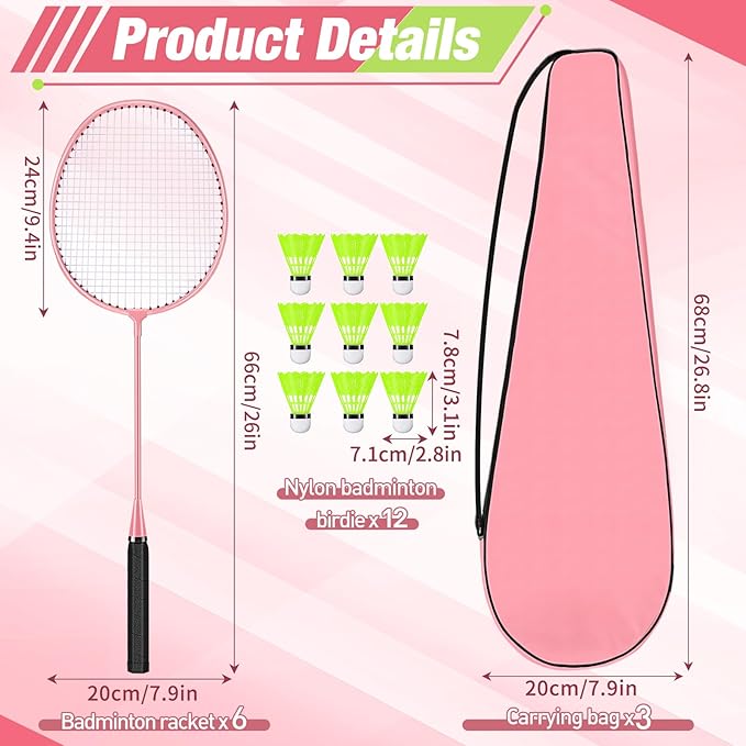 6 Packs Badminton Rackets Set Include 6 Lightweight Rackets 12 Nylon Plastic Shuttlecocks 3 Carrying Bags for Summer Outdoor Backyard Games Sports Beginners Adults