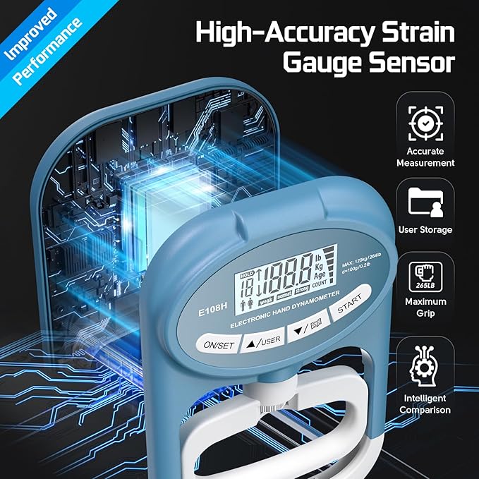 Grip Strength Tester Hand Dynamometer - Grip Strength Trainer Electronic Hand Gripper Strengthener Wrist Exerciser Meter Digital Training Gauge 265 Lbs / 120 Kgs for Sport School Home Use