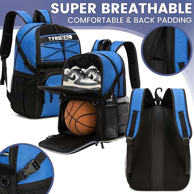 Basketball Bag Backpack with Ball Holder and Shoes Compartment,Best for Basketball, Soccer, Volleyball, Gym. (BLUE)