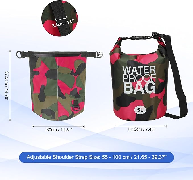 Waterproof Dry Bag, 5L Fit for Women Men Water Proof Bags Lightweight Dry Storage Floating Backpack with Whistle for Travel Boating Kayaking (Rose Red Camouflage)