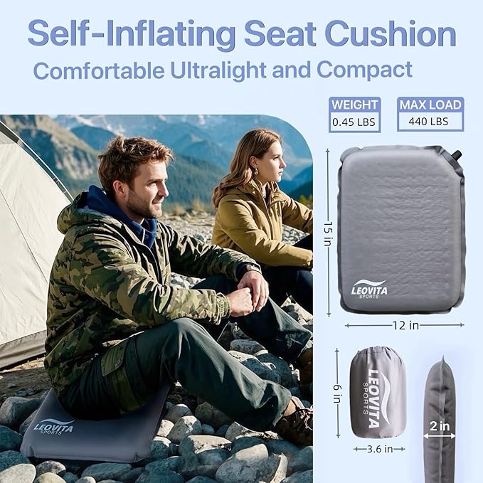 Inflatable Seat Cushion Lightweight Self-Inflating Memory Foam Cushion for Stadium Camping Bleachers Airplane Travel Waterproof Portable Blow Up,Gray