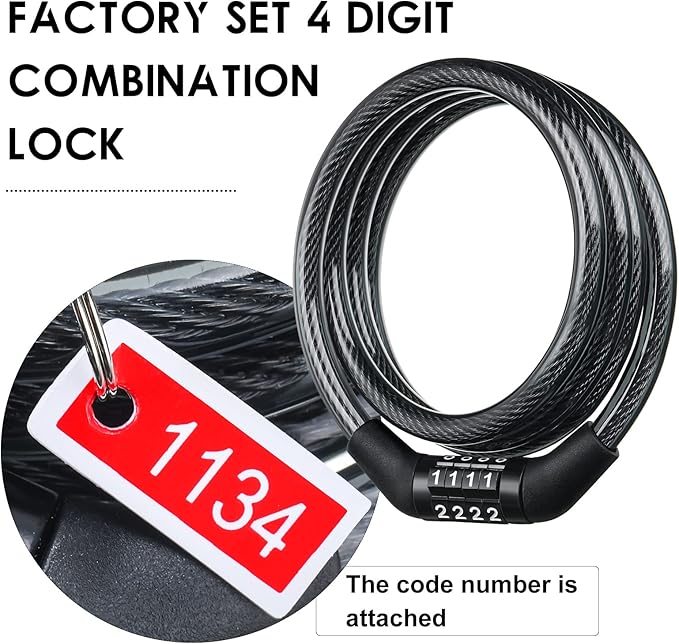 10 Pcs Bike Lock Cable with Combination, 4 Feet Coiled Preset Bike Lock High Security 4 Digit Bicycle Lock Anti Theft Bike Accessories Black Bike Cable Locks, 5/6 Inch Diameter