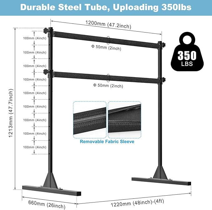 4FT/5FT/6FT Height Adjustable Freestanding Ballet Barre with Fabric Sleeve Portable Double Ballet Bar 350 lbs Capacity Heavy Duty Dance Barre for Home Workout, Stretch