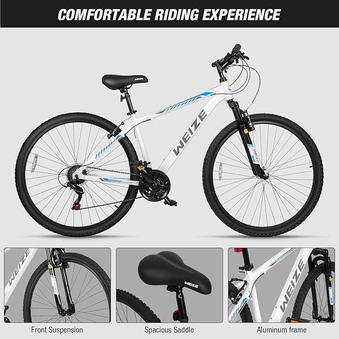 WEIZE Hardtail Mountain Bike, 29 Inch Wheels Outdoor Cycling Bike, 21-Speed Trigger Shifter, Aluminum Frame for Men and Women, Comfort Saddle, MTB Bicycle with Suspension Fork