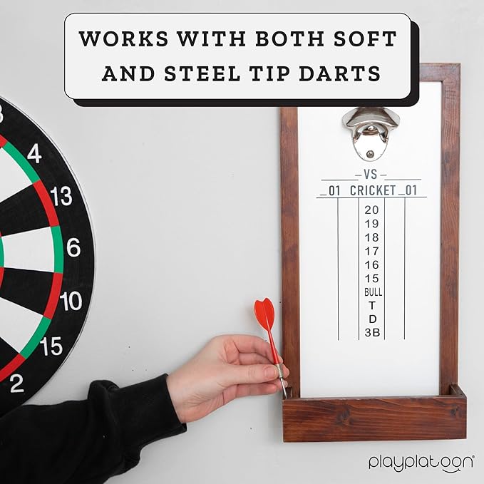 Play Platoon Dart Scoreboard & Darts Holder Wall Mount with Bottle Opener - Wood Score Board, Professional Darts Accessories, Dart Holder