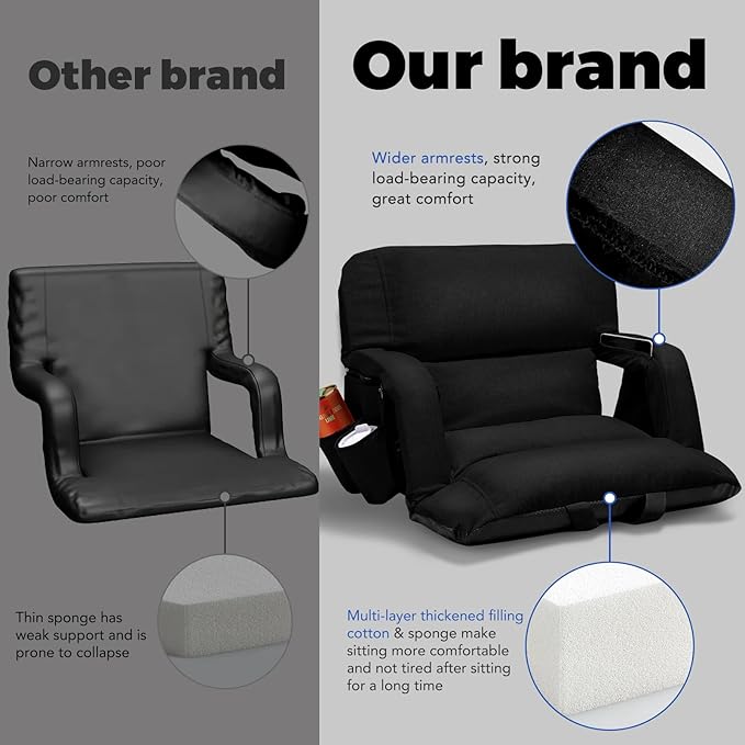 Extra Wide Stadium Seats With Back Support 2 Pack, Exclusive "Sofa Style" Design Thick Bleacher Chairs With Back and Cushion, 6 Reclining Positions - Ultimate Comfort for Sports Events (Black, 25")