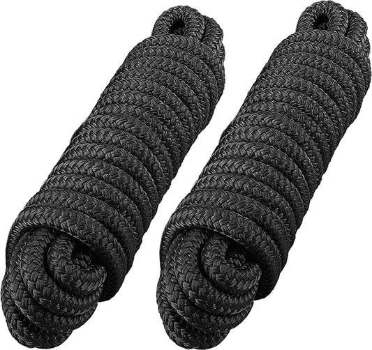 2 Pack 1" x 35' Dock Lines - Marine Grade Nylon Boat Rope with 24" Loop for Docking and Mooring - Double Braided Boat Lines, High Strength, Heavy Duty, Easy Handling, Fray Resistant - Black