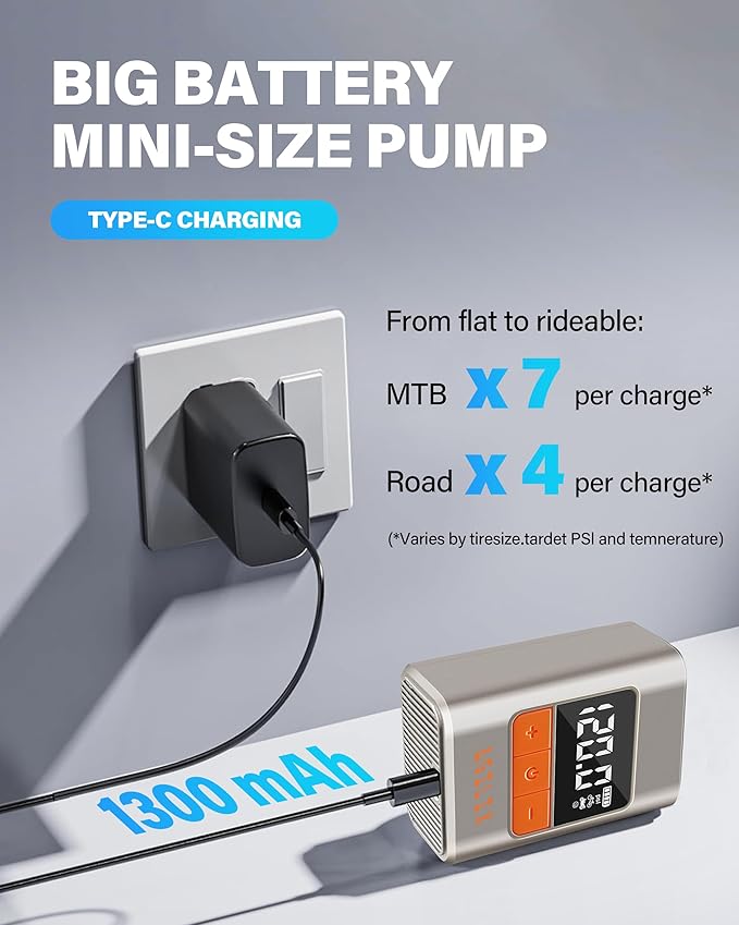 Mini Bike Tire Pump with Gauge 120PSI-Portable Air Compressor&Electric Tire Inflator for Bicycle/Motorcycle/Ball,Rechargeable Type-C,Auto Stop,Fits Pocket/Glove Box(Presta/Schrader Valves)