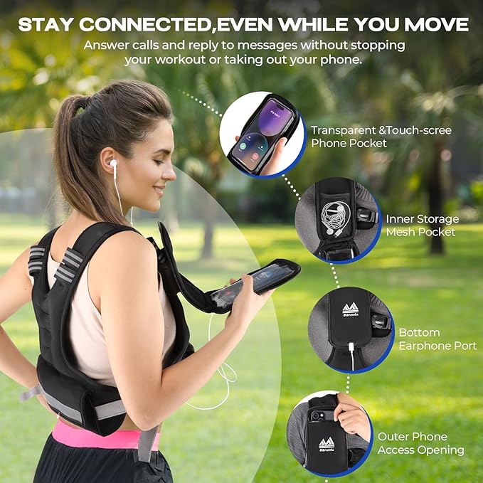 Adjustable Weighted Vest, 4-10lb/11-20lb Body Weight Vest with Touchscreen Phone Holder & 6 Ironsand Weights for Women & Men, Workout Equipment for Weight Loss, Fitness, Walking, Running, Cardio, Strength Training