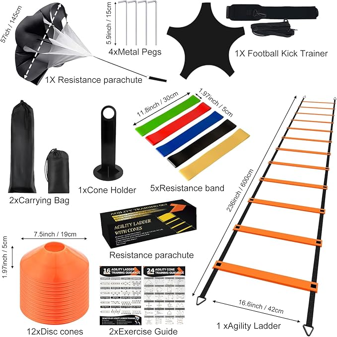 Agility Ladder Soccer Training Equipment Set, 20ft 12 Rung, 12 Soccer Cones, Resistance Parachute, Soccer Kick Trainer, 5 Resistance Bands, Football Training Equipment for Kids Adults