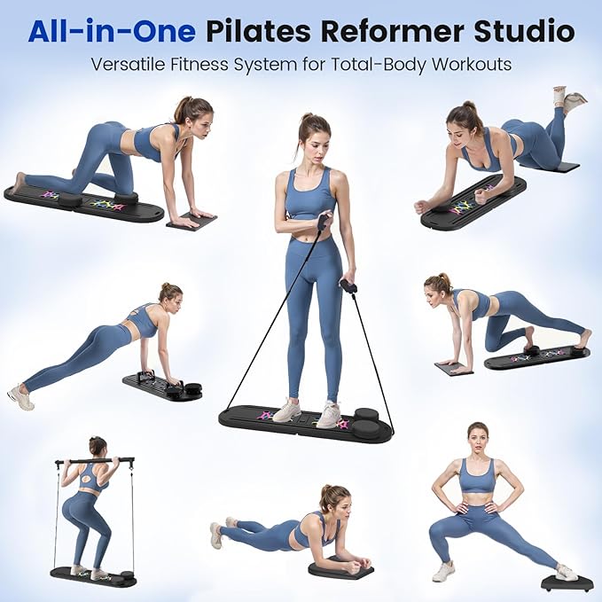 Pilates Board, Foldable Pilates Reformer Set with Timer, 8-in-1 Multi-Purpose Portable Pilates Machine for Home Workout, Pilates Reformer Kit for Full Body Workout, Abs Trainer, Core Strength