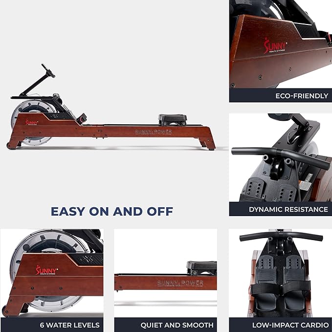 Sunny Health & Fitness Elite Water Rowing Machine with High Dynamic Resistance Vertical Tank, Low-Impact Full-Body Workout and Optional Free SunnyFit App Connectivity