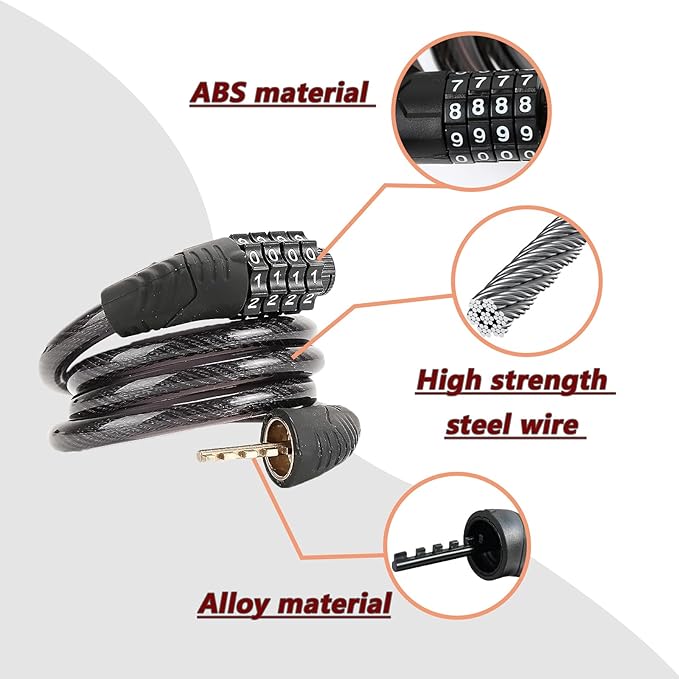 4-Digit Combination Bike Lock - Heavy Duty Anti Theft Cable Lock with Keyless Security, Weatherproof Design for Bicycle, E-Bike, Scooter，Motorcycles,Mountain Bike,Road Bike,Metal Sliding Door