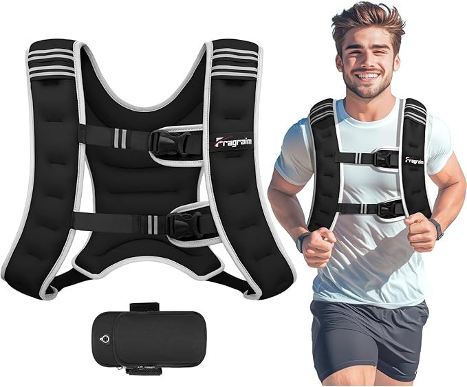 Fragraim Weighted Vest for Women Men - 8lb/10lb/12lb/16lb/22lb/25lb/30lb Weight Vest with Reflective Stripe, Detachable Phone Pouch, Ideal for Walking, Strength Training, Running, Workout, Cardio