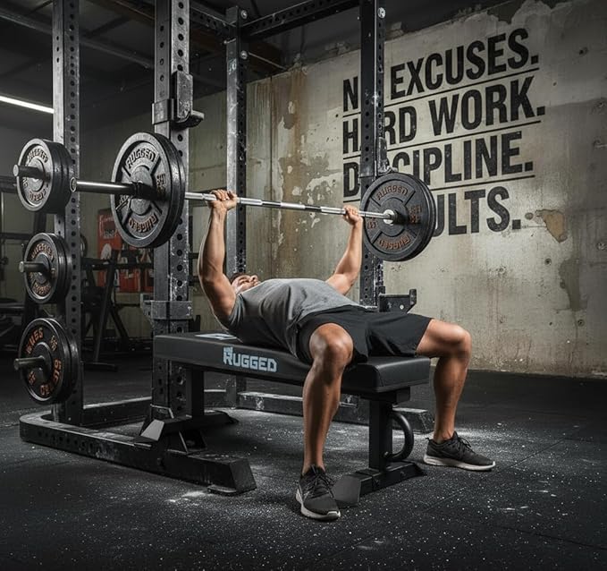 RUGGED STRENGTH Flat Weight Bench - 47” Heavy Duty 2x3” Steel Frame, 3.5” Thick Cushion, 1500 LB Capacity – Commercial Grade Workout Bench for Home Gym & Strength Training