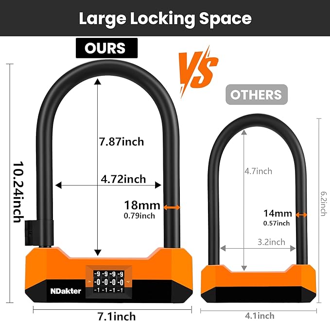 NDakter Bike Locks Heavy Duty Anti Theft，18mm Bicycle Combo U Lock with 5FT Cable, 4-Digit Resettable Combination Electric Scooter Lock with 2Keys and Bracket for Tricycle, Moped, Motorcycle (Orange)