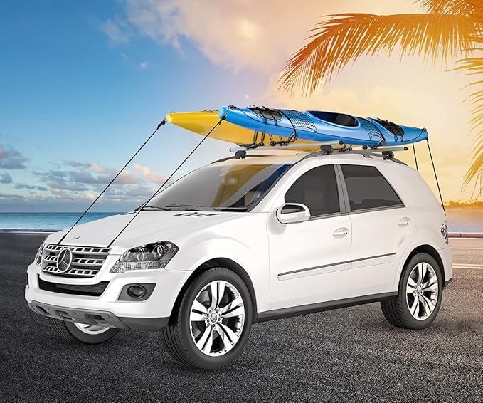 DRSPORTS Two Pairs Universal Foldable J-Bar Kayak Rack Folding Car Roof Top Carrier for Canoe, SUP, Kayaks, Surfboard and Ski Board Rooftop Mount on SUV, Car and Truck