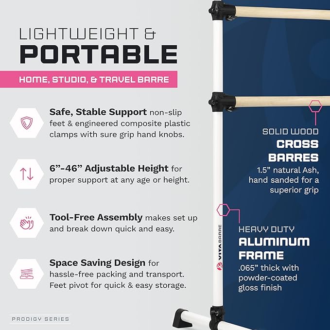 VITA Barre Portable Freestanding Double Ballet Barre, Prodigy, with Carry Bag | Adjustable Height, USA Made, Home or Gym Exercise Equipment for Kids & Adults | Dance, Fitness, Pilates