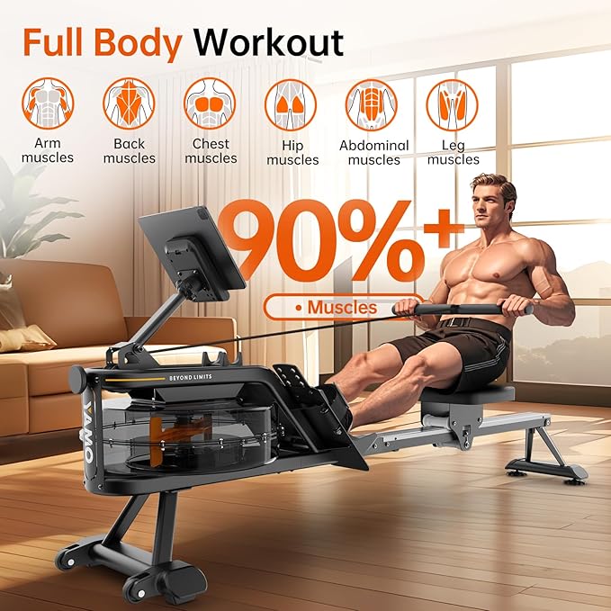 YAMO Water Rowing Machine for Home, Row Machine with 330LB Weight Capacity, Support Bluetooth & Compatible with Apps, Water Row Machine with Comfortable Seat and Tablet Holder