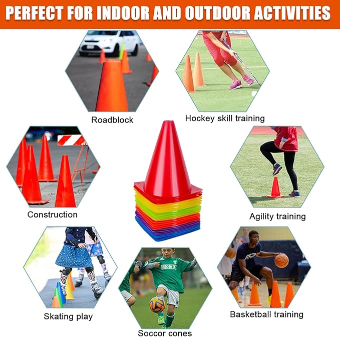 7 Inch Soccer Cones, 24 Pack Cones Sports Training Agility Field Marker Plastic Cones for Skating Basketball Football Practice Drills, Indoor Outdoor Activity Events Games Obstacle Course - 6 Colors