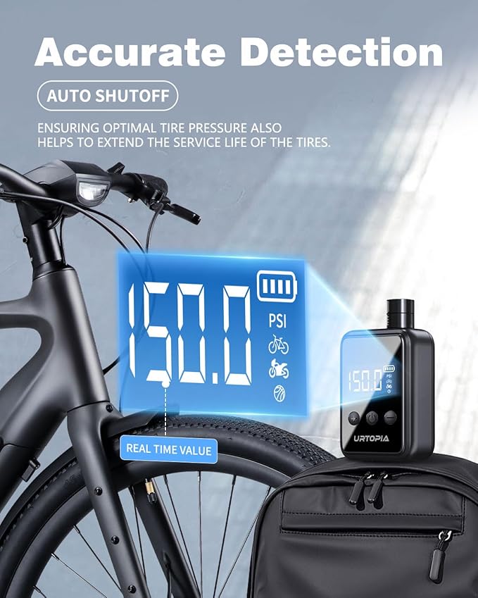 URTOPIA Mini Bike Tire Pump, Fast Inflate Bicycle Pump with Gauge, Rechargeable 150PSI Portable Electric Bike Air Pump with Presta and Schrader Valve for Road Bike, Ebike, Motorcycle, Ball