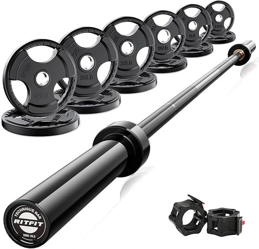 RitFit Barbell Weight Set - 4/6FT Olympic Barbell with Weight Plates (55-275LB Total) - Weightlifting Equipment for Squats, Curls, Deadlifts, Presses, Hip Thrusts