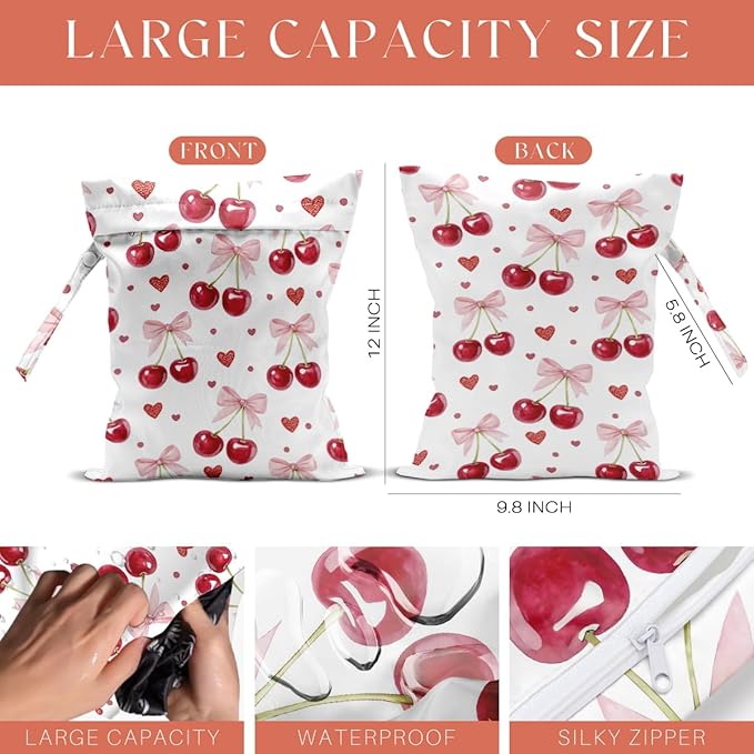 4 Pack Cute Flower Bow Cherry Wet Bag Waterproof Washable Reusable Wet Dry Bag for Swimsuit Clothes Soiled Items Cloth Diaper Travel Beach Pool Yoga Gym Toiletries Travel Beach Essentials