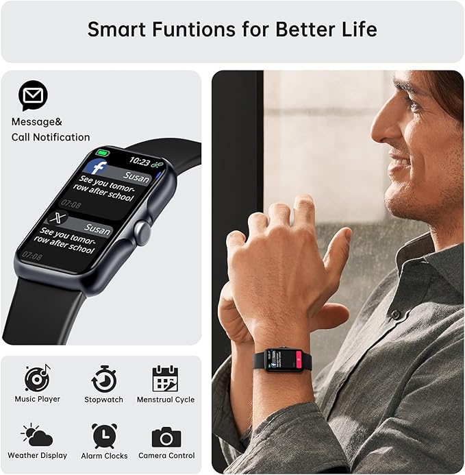 Health Fitness Tracker, Smart Watch with 24/7 Heart Rate and Blood Oxygen Monitor, Sleep Tracker with IP68 Waterproof, Activity Tracker Pedometer Step Counter for Women Men (Black)