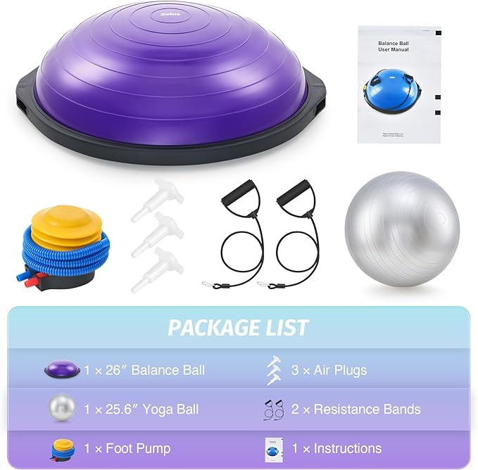 ZELUS 25in. Balance Ball | 660lb Inflatable Half Exercise Ball Wobble Board Balance Trainer w Nonslip Base | Half Yoga Ball Strength Training Equipment w 2 Bands, Pump, Extra Ball Included