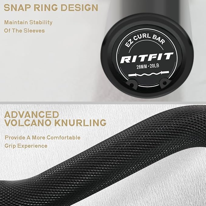 RitFit 2 Inch EZ Curl Bar with Weights, 700LBS Weight Capacity Olympic Curl Barbell for Bicep, Tricep and Weight Lifting Exercises