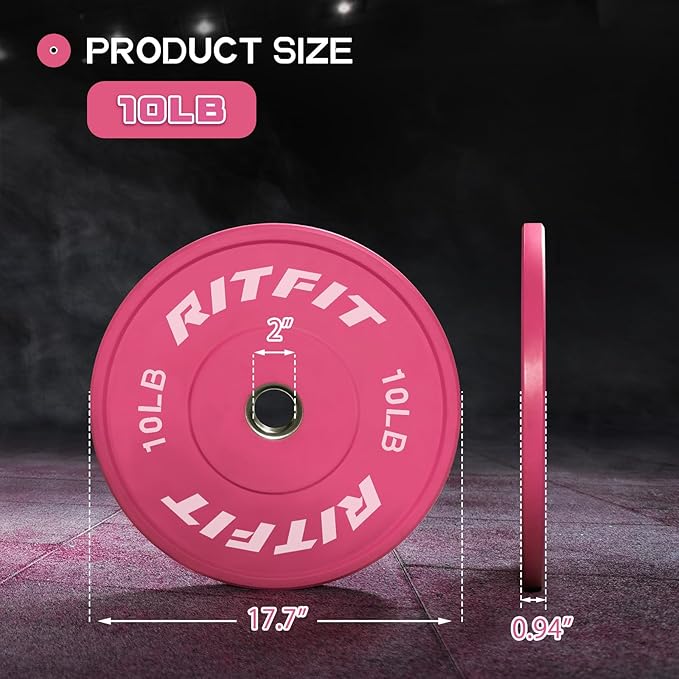 RITFIT Pink Weight Plates, 2 Inch Olympic Barbell Weight Plate, Bumper Plates With Steel Insert, Pink Weights for Gym and Home