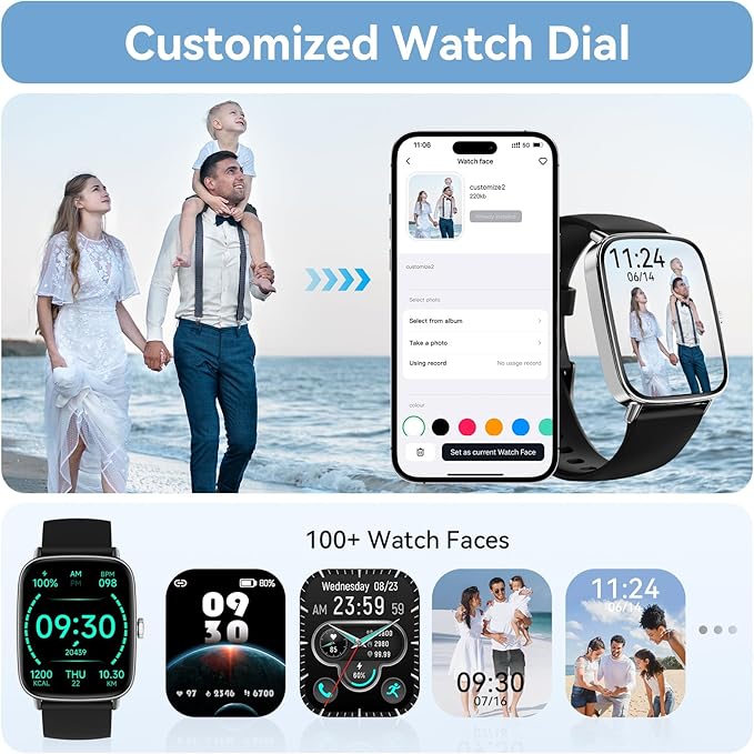 Tensky Smart Watch for Men/Women Android & iPhone, 1.85" Touch Screen Fitness Tracker with Answer/Make Call, IP68 Waterproof Heart Rate/SpO2/Sleep Monitor, Pedometer, 100+ Sport Modes (2 Bands)