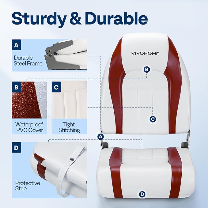 VIVOHOME Folding High Back Boat Seats 2 Pack, Waterproof Boat Captain Chairs, 4 Mounting Screws Included, White and Red