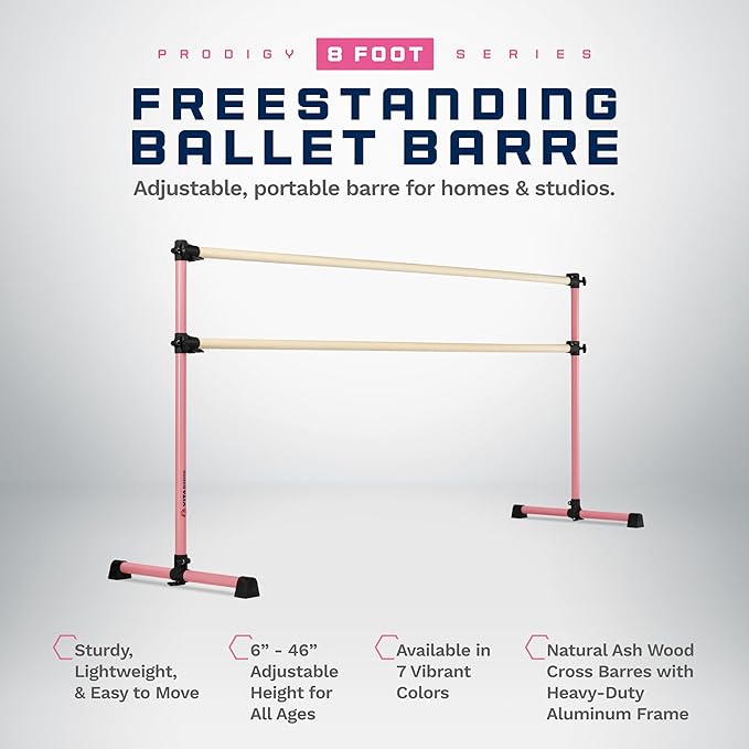 VITA Barre Portable Freestanding Double Ballet Barre, Prodigy, Wood | Adjustable Height, USA Made, Home or Gym Exercise Equipment for Kids & Adults | Dance, Fitness, Pilates