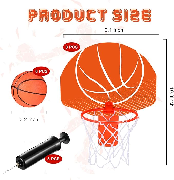 Honoson 3 Sets Indoor Trash Can Basketball Game Set Includes 3 Mini Clip on Basketball Hoop with Backboard 6 Inflatable Ball 3 Pump Kid Adult Office Decompression Toy Birthday Gift(Fresh)