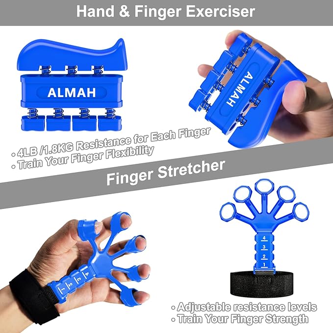 ALMAH Hand Grip Strengthener kit(5 Pack),Grip Strength Trainer,Forearm Workout Trainer Adjustable Grip Exercises,Finger Grip Strengthener,Finger Stretcher,Grip Ring & Stress Relief Ball with Carry Bag