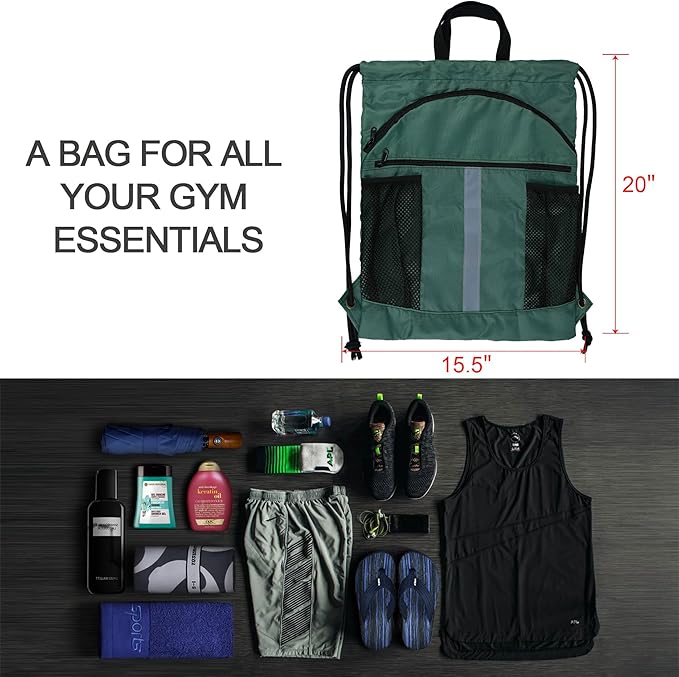 BeeGreen Drawstring Backpack Bag with Shoe Compartment, X-Large Black Gym Sports String Cinch Backpack