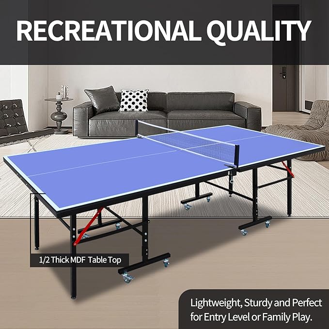 Professional Table Tennis Table, Foldable Ping Pong Game Set for Indoor, 8FT 9FT Single Player Playback Mode Ping Pong Table with Net and Post Set, 2 Paddles and 3 Balls