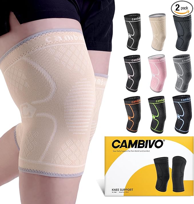 CAMBIVO 2 Pack Knee Brace, Knee Compression Sleeve for Men and Women, Knee Support for Running, Workout, Gym, Hiking, Sports (Beige, XXXL)