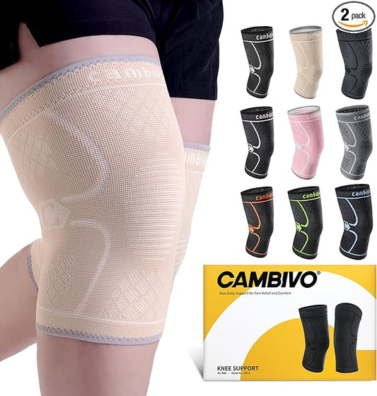 CAMBIVO 2 Pack Knee Brace, Knee Compression Sleeve for Men and Women, Knee Support for Running, Workout, Gym, Hiking, Sports (Beige, XXXL)
