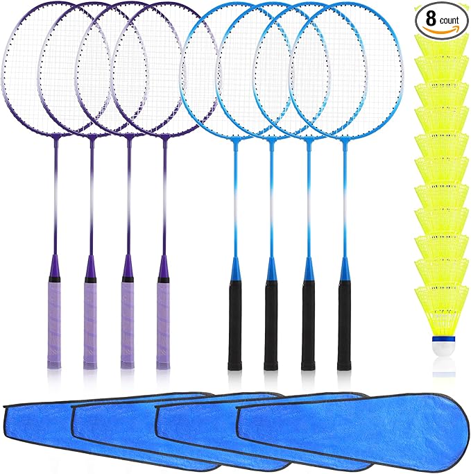 Woanger 8 Pieces Badminton Rackets Set with 12 Badminton and 4 Carrying Bag, Shuttlecocks Lightweight Ball Racquets Equipment Set for Adults and Teenagers
