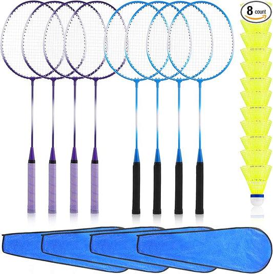 Woanger 8 Pieces Badminton Rackets Set with 12 Badminton and 4 Carrying Bag, Shuttlecocks Lightweight Ball Racquets Equipment Set for Adults and Teenagers