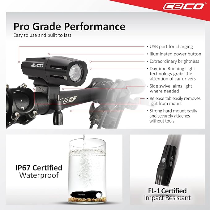 CECO-USA: 1,200 Lumen USB Rechargeable Bike Light – Tough & Durable IP67 Waterproof & FL-1 Impact Resistant– Super Bright Model F1200 Bicycle Headlight – For Commuters, Road Cyclists & Mountain Bikers