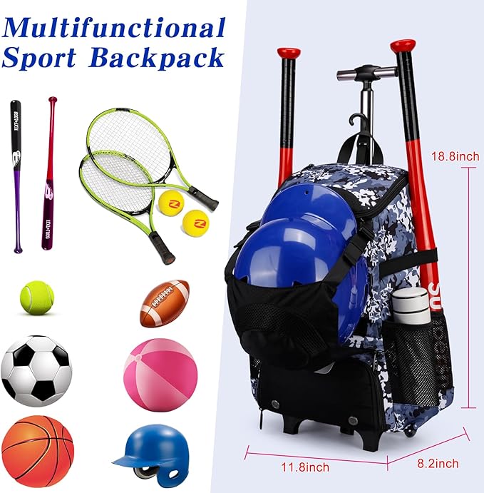 Softball Bag, Baseball Rolling Bat Bag - Wheeled for Youth Girls Adult, Lightweight Equipment Backpack With Shoe Compartment, Fence Hook for TBall, Helmet