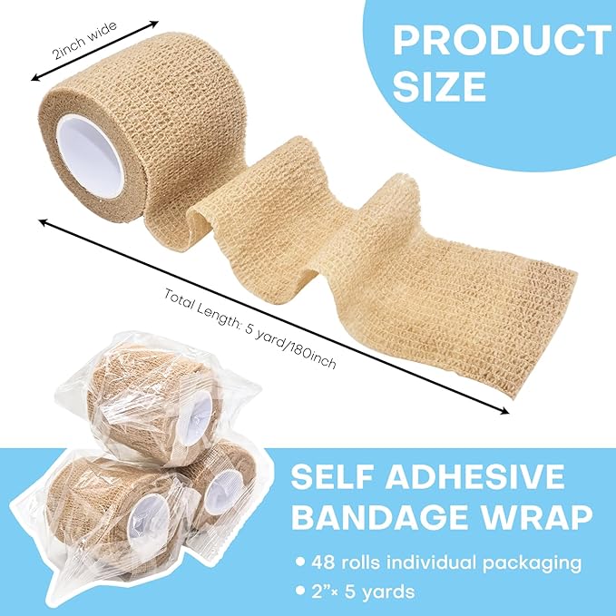 48 Pack 2” x 5 Yards Self Adhesive Bandage Wrap, Elastic Breathable Cohesive Bandage Wrap Athletic Stretch Tape for Wrist Ankle Sports (Brown)