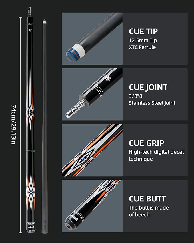 CRICAL Carbon Fiber Pool Cue Stick 58" Billiard Cue Sticks Professional Low Deflection Pool Sticks with 3/8 * 8 Pin Joint and 12.5mm Tip