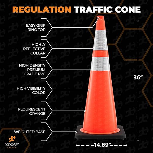 Xpose Safety 36 Inch Orange Traffic Cones Heavy Duty 12lb 6" & 4" Collar - Bulk Half Pallet 125 Pack - Multipurpose PVC Plastic Safety Cone Parking, Soccer, Caution & Construction - DOT Approved