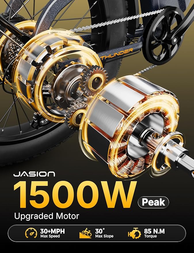 Jasion Thunder Electric Bike, 30+MPH 1500W Peak Motor E Bikes, 80Miles Range with 864Wh Battery, Hydraulic Disc Brakes, Front Suspension, 26'' x 4'' Fat Tire Adults Electric Bicycles, APP Control