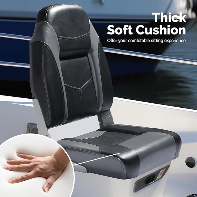PEXMOR Boat Seats Low/High Back, Folding Boat Seat Included, Fold-Down Fishing Boat Seats Waterproof Captain Boat Seat w/Aluminum Hinges & Thick Soft Cushion, 2 Packs (High Back-Grey & Black)